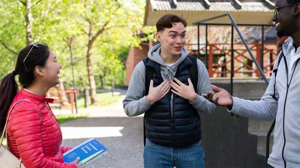  En grupp studenter som står och pratar med varandra utanför campus. 