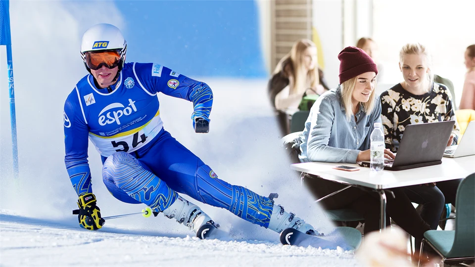 Photo collage of alpine paraskier and students with a computer at a table.