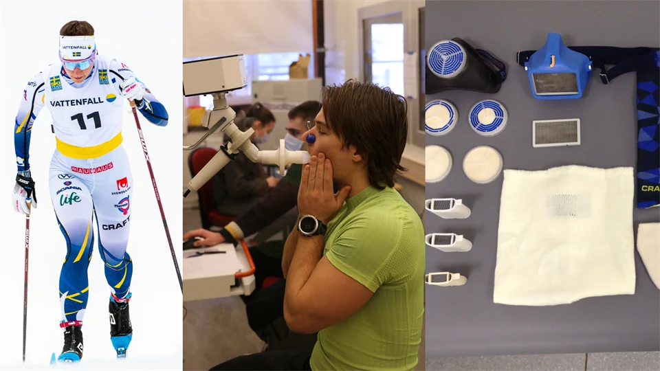 Bildkollage med skidåkare, lungtest i lab och värmeväxlarmasker.
