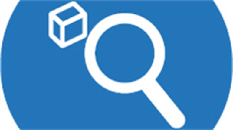 Blå cirkel med en illustration i vitt av ett förstoringsglas.