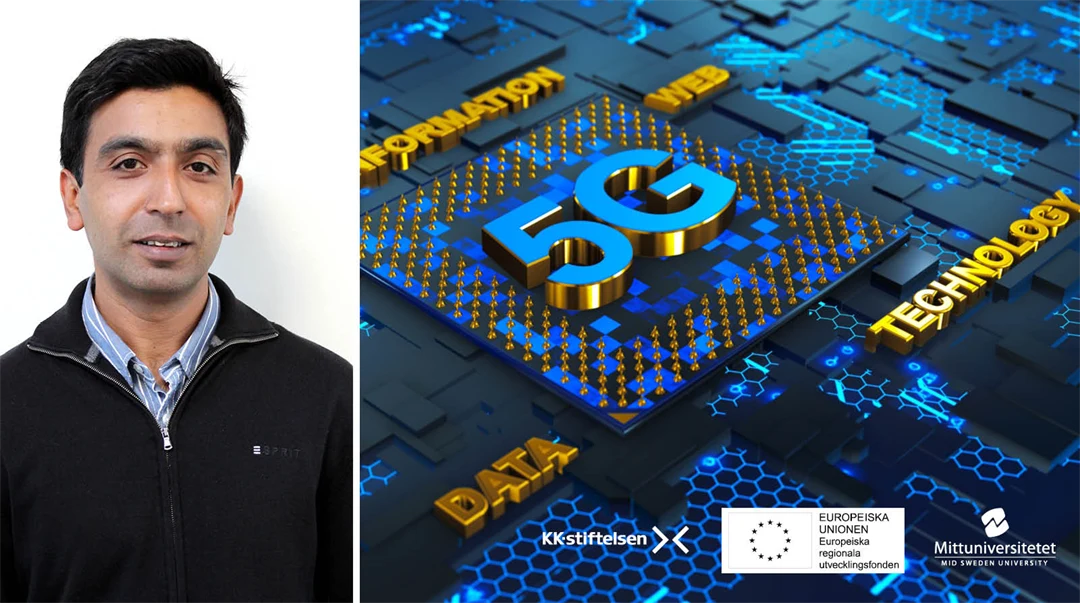 Porträttbild på en man med mörkt  hår och mörk stickad tröja med ljuspblå skjorta under. En 5G illustration  bredvid.