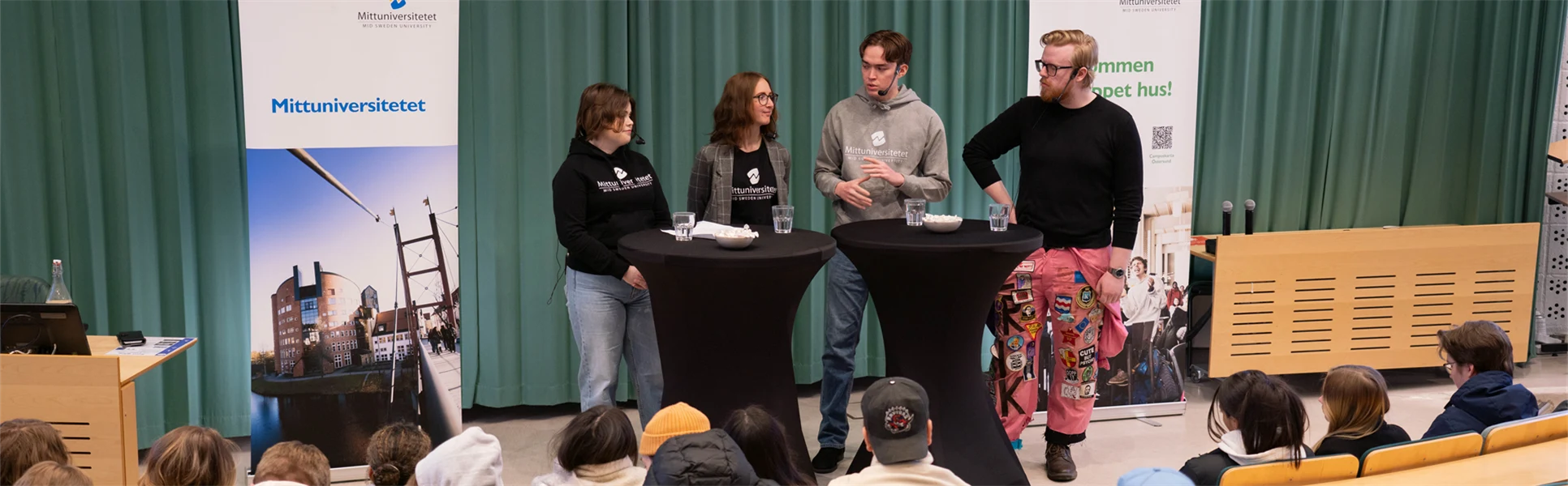 Fyra studentambassadörer i panelsamtal på scenen i Fälldinsalen. 