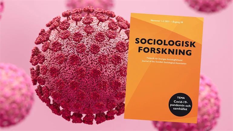 Omslaget till tidskriften Sociologisk forsknings temanummer om Covid-19 ligger på en närbild av ett coronavirus