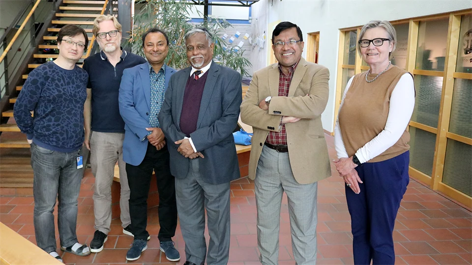 Five people standing in line and smiling at the camera.