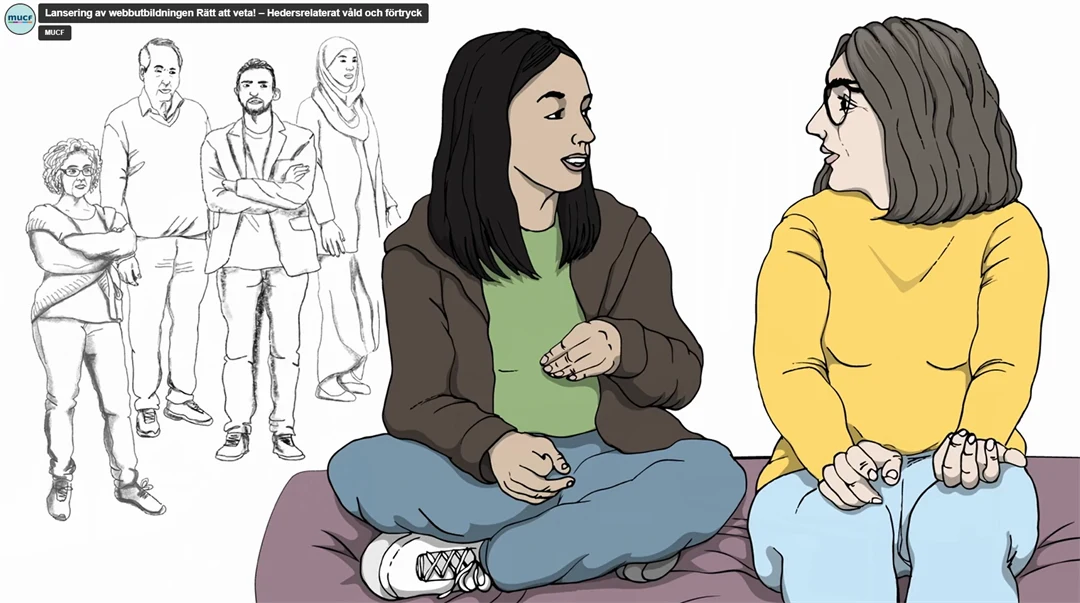 Tecknad illustration av två kvinnor som sitter och pratar med varandra. I bakgrunden anas en grupp med fyra skeptiska vuxna personer.