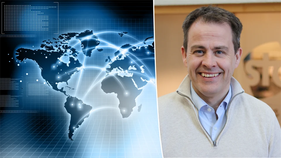 Collage with a world map and a portrait of a man.