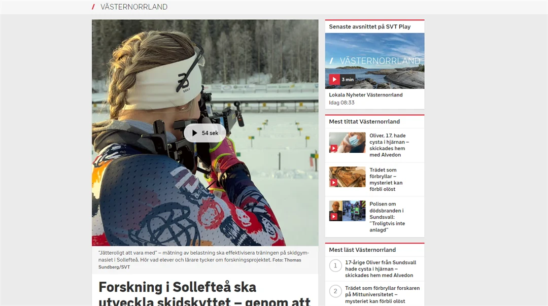Skärmklipp från SVT Västernorrland visar nyhet om skidskytteforskning.