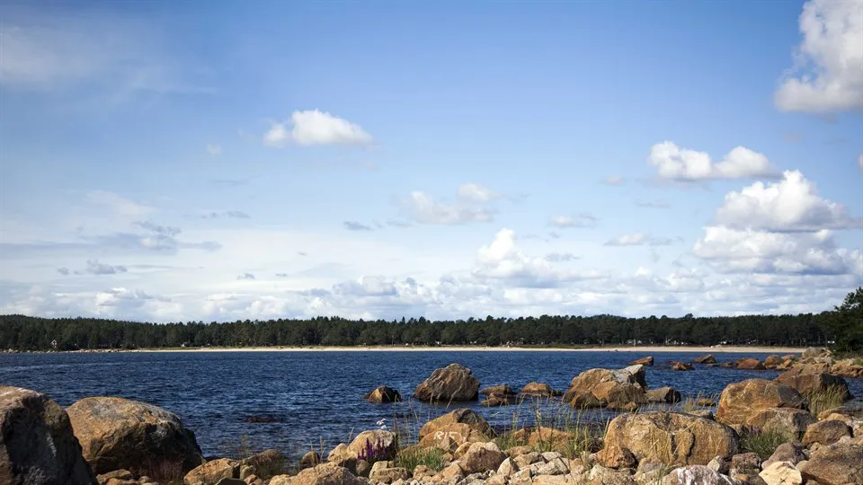 Bild på vatten, blå himmel och en stenstrand 
