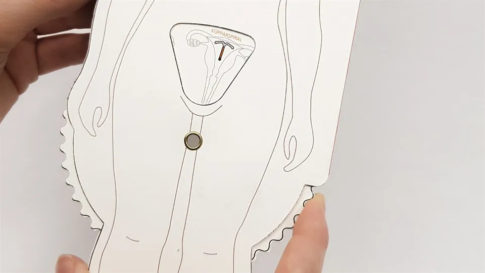 Prototyp av en docka i papper som visar olika preventivlösningar.