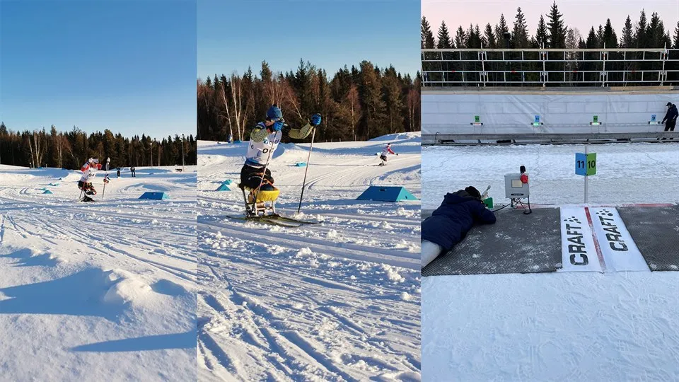 Bildkollage: två sitskilängdåkare i spåret följt av en paraskidskytt som ligger och skjuter mot måltavlor.