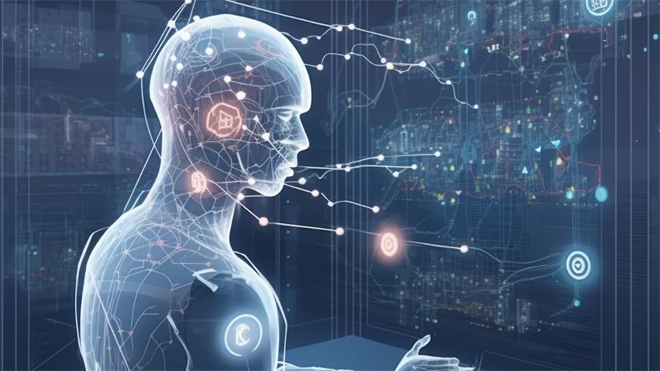 AI-genererad bild som visar en holografisk figur med ljusfenomen och projiceringar