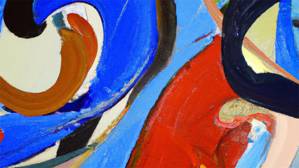 En abstrakt oljemålning i svart, blått och rött