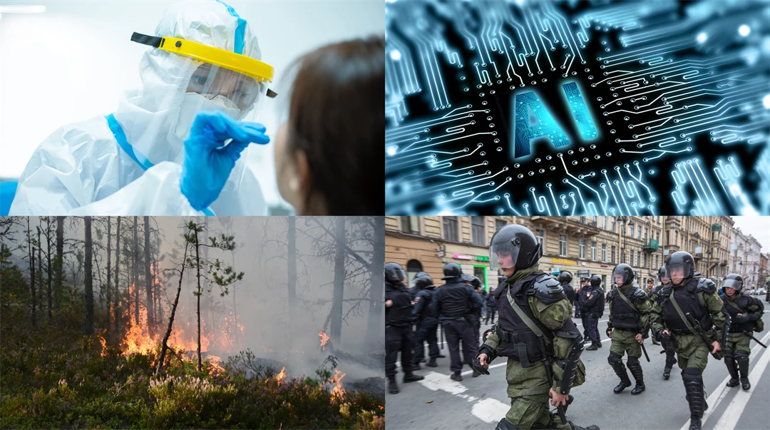 Kollage av fyra bilder som föreställer en skogsbrand, soldater som marscherar på en gata, en person i skyddsutrustning som gör ett coronatest i näsan på en annan person, och en datorskärm med texten AI.