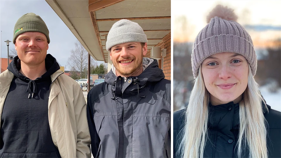 Image collage of one image of two men outdoors with a hat and jacket, image two of a woman outdoors with a hat.