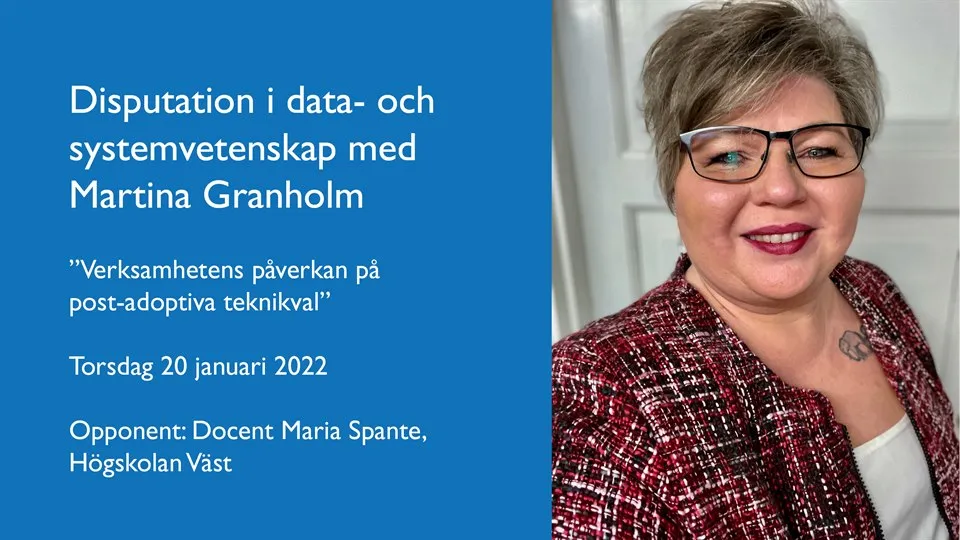 Närbild på Martina Granholm med text om hennes disputation
