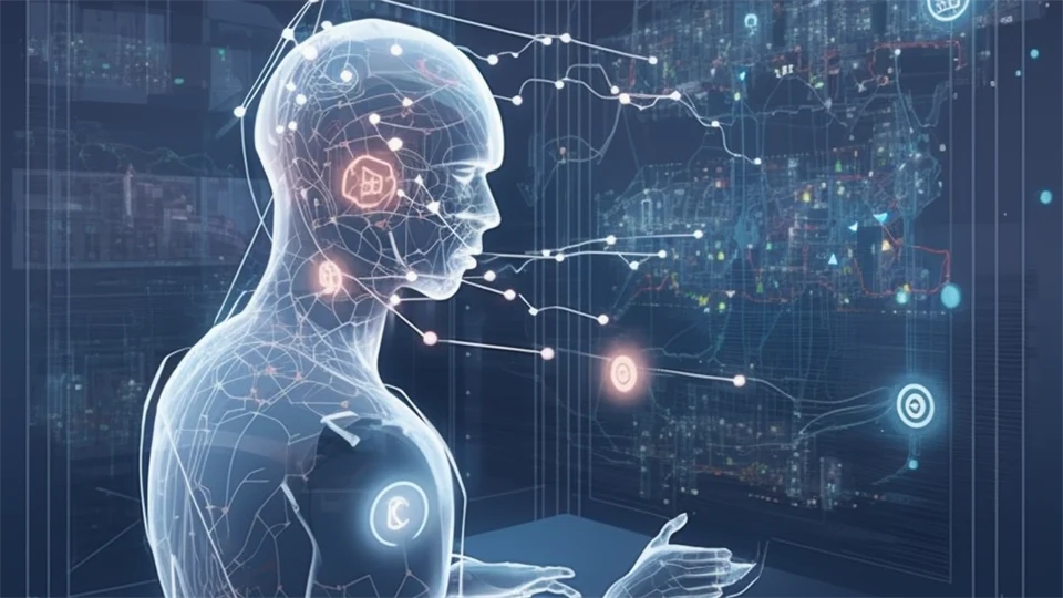 AI generated image showing a holographic figure with lights and  projections