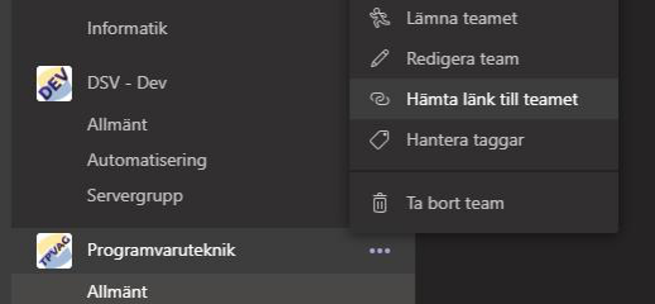 Skärmdump hämta länk för inbjudan i Teams