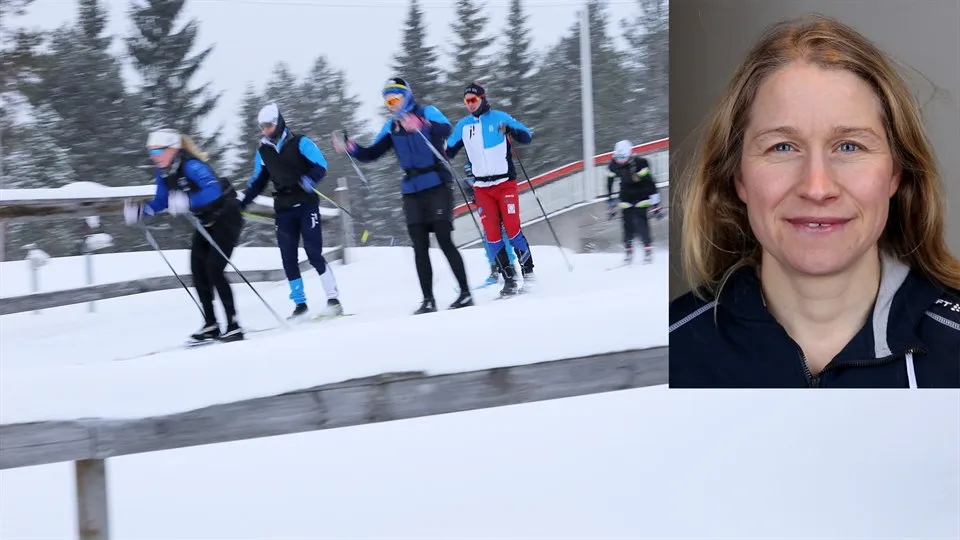 Längdskidåkare passerar i spåret, i högra hörnet är ett porträtt av Martina Höök inklippt