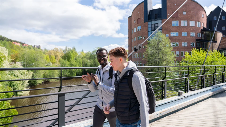 Studenter som går på bro vid Åkroken, Campus Sundsvall. 