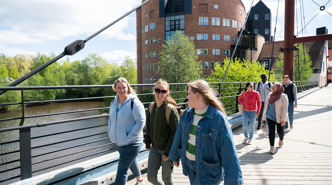 Students walking on the bridge at Åkroken, Campus Sundsvall.