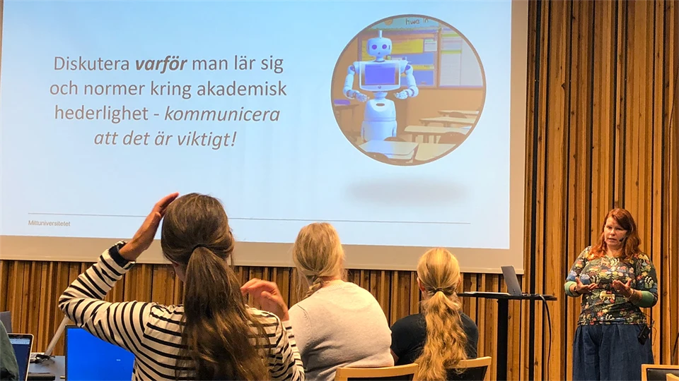 Seminar Situation with a lecturer, audience and presentation picture on the wall.