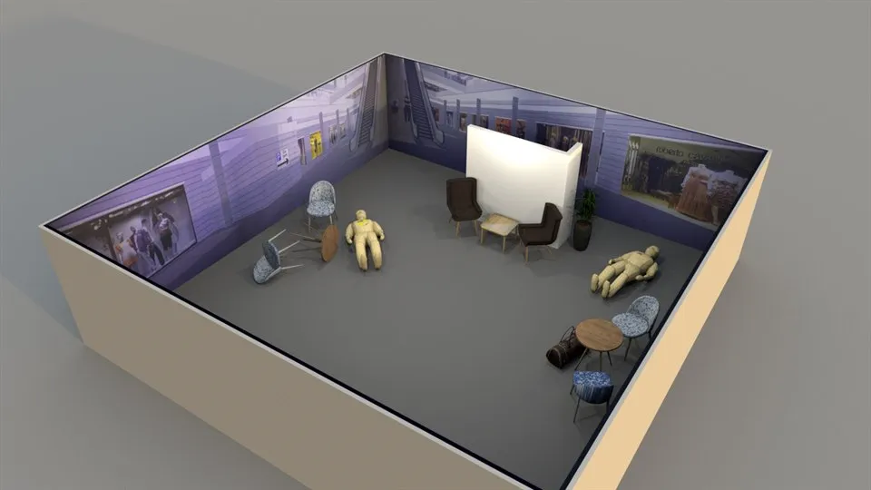 Illustration över hur den simulerade miljön galleria ser ut snett uppifrån