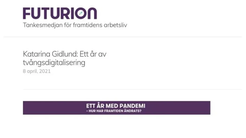 Skärmavbild av webbsida för tankesmedjan Futurion