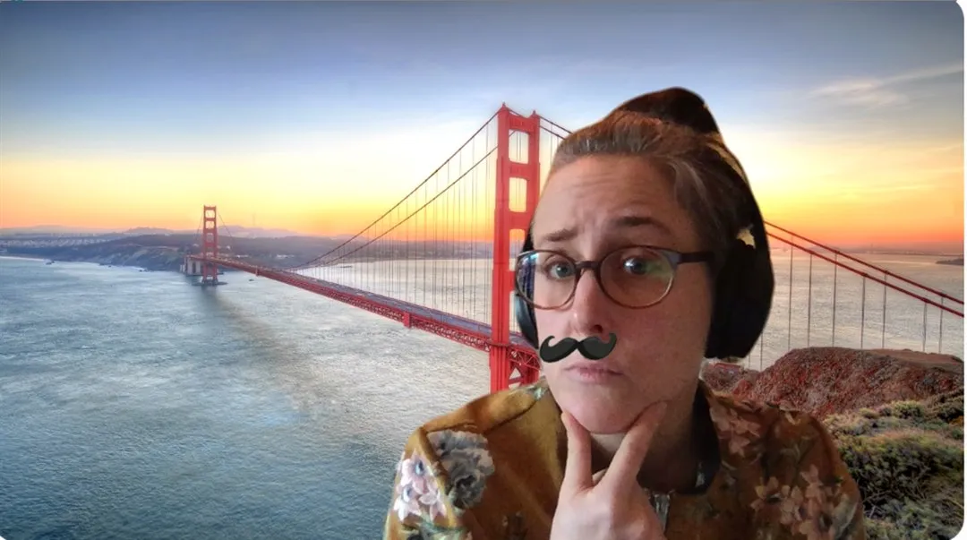 Cakka med mustasch framför bro mha AI