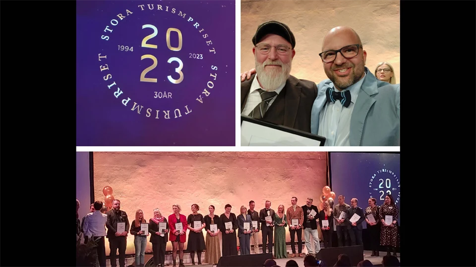 Kollage med bilder från prisutdelningen. En bild med två leende män varav en av dem håller i ett plakat. En bild föreställer en scen med massor av människor uppradade med varsitt diplom i handen. På den sista bilden står text stora turismpriset 2023.