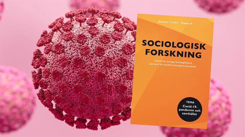 Omslaget till tidskriften Sociologisk forsknings temanummer om Covid-19 ligger på en närbild av ett coronavirus
