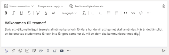 Skärmdump välkomstmeddelande i Teams