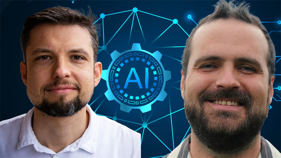 Två män och en text som säger AI