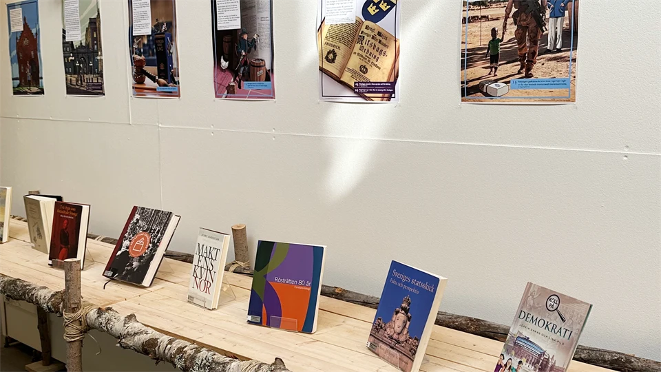 Books and posters from exhibition in the library