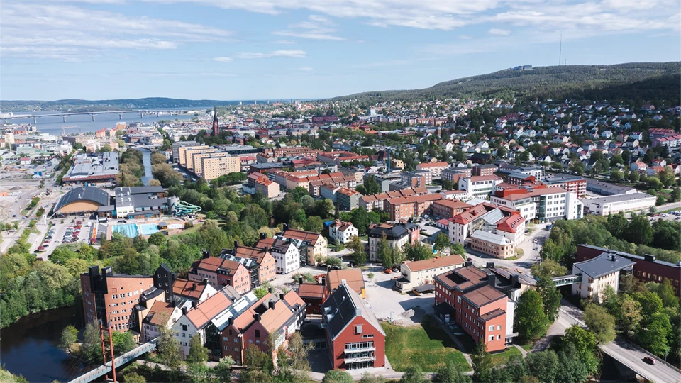 Drone image, Campus in the foreground, Sundsvall city in the background