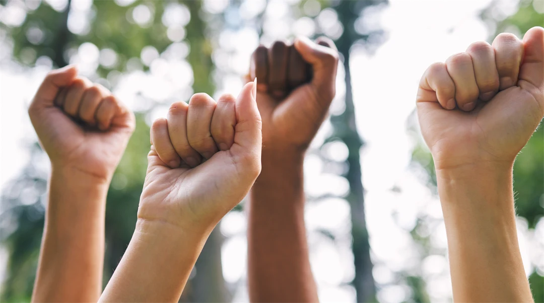 Människor höjer knytnäven i luften utomhus i naturen.
