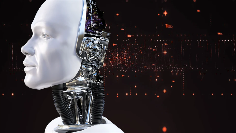 En överkropp på en vit robot med svart bakgrund med oranga punkter.