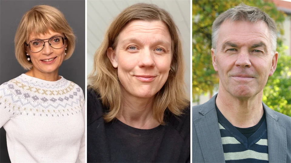 Tre porträtt i rad, två kvinnor och en man.