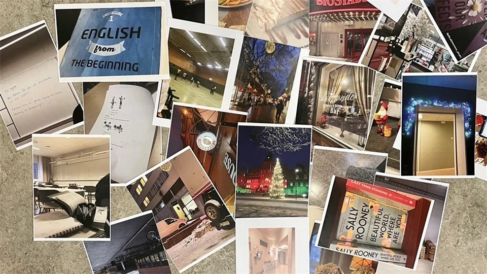 Utskrivna fotografier ligger utspridda på ett golv.