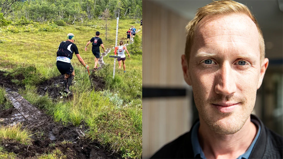 Ett fotomontage med två bilder. Den första föreställer människor som springer i fjällmiljö vid en led som är lerig och upptrampad. Den andra bilder föreställer en man som tittar in i kameran. 