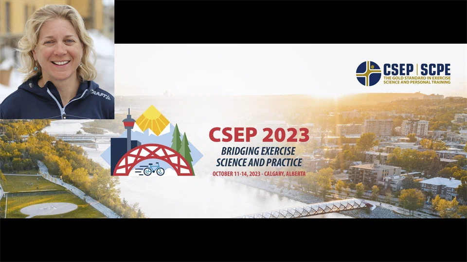 Porträtt av kvinna inklippt i hörnet av en bannerbild för en konferens.