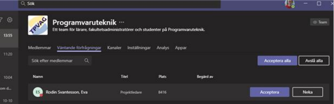 Skärmdump acceptera förfrågningar Teams