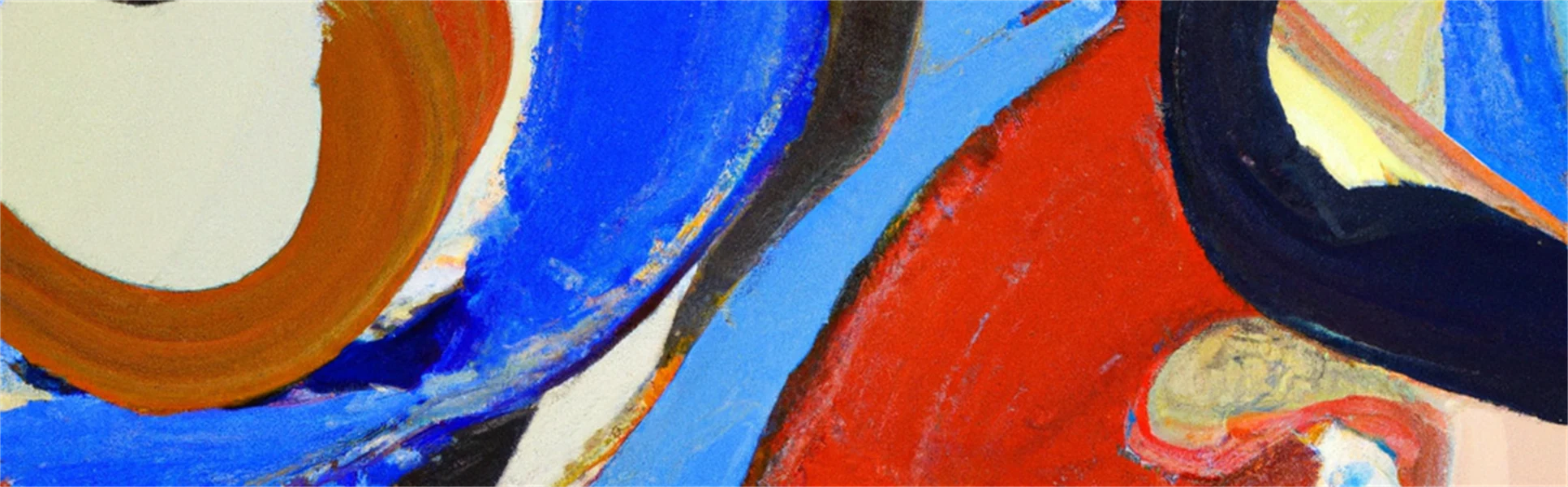 En abstrakt oljemålning i svart, blått och rött