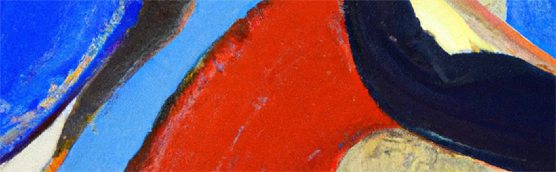 An abstract oil painting in black, blue and red